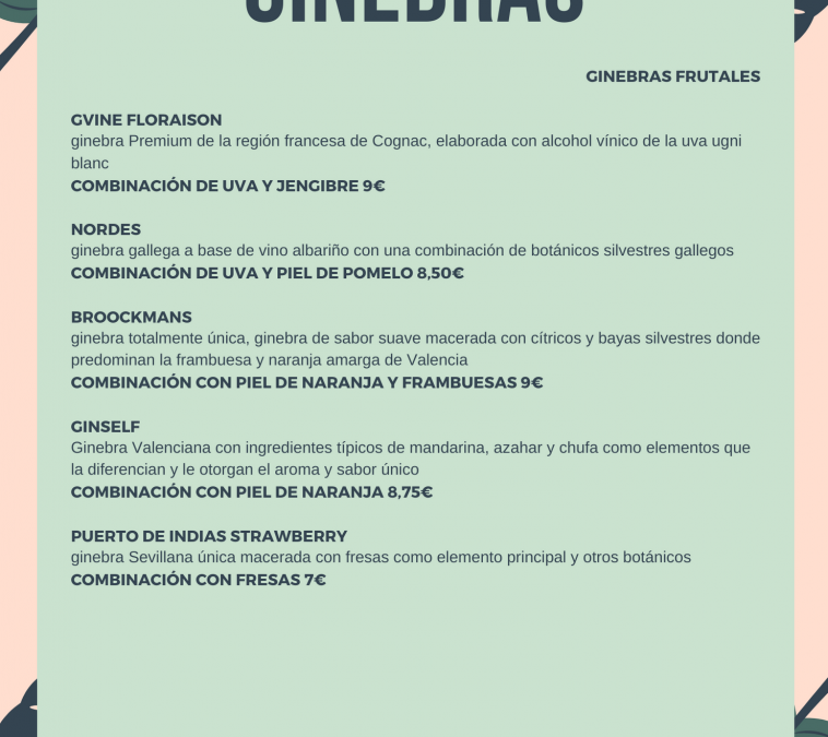 CARTA DE BEBIDAS, CÓCTELES Y COMBINADOS